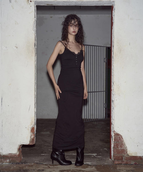 Anny Lace Button Dress (long ver.) (Black/Black)