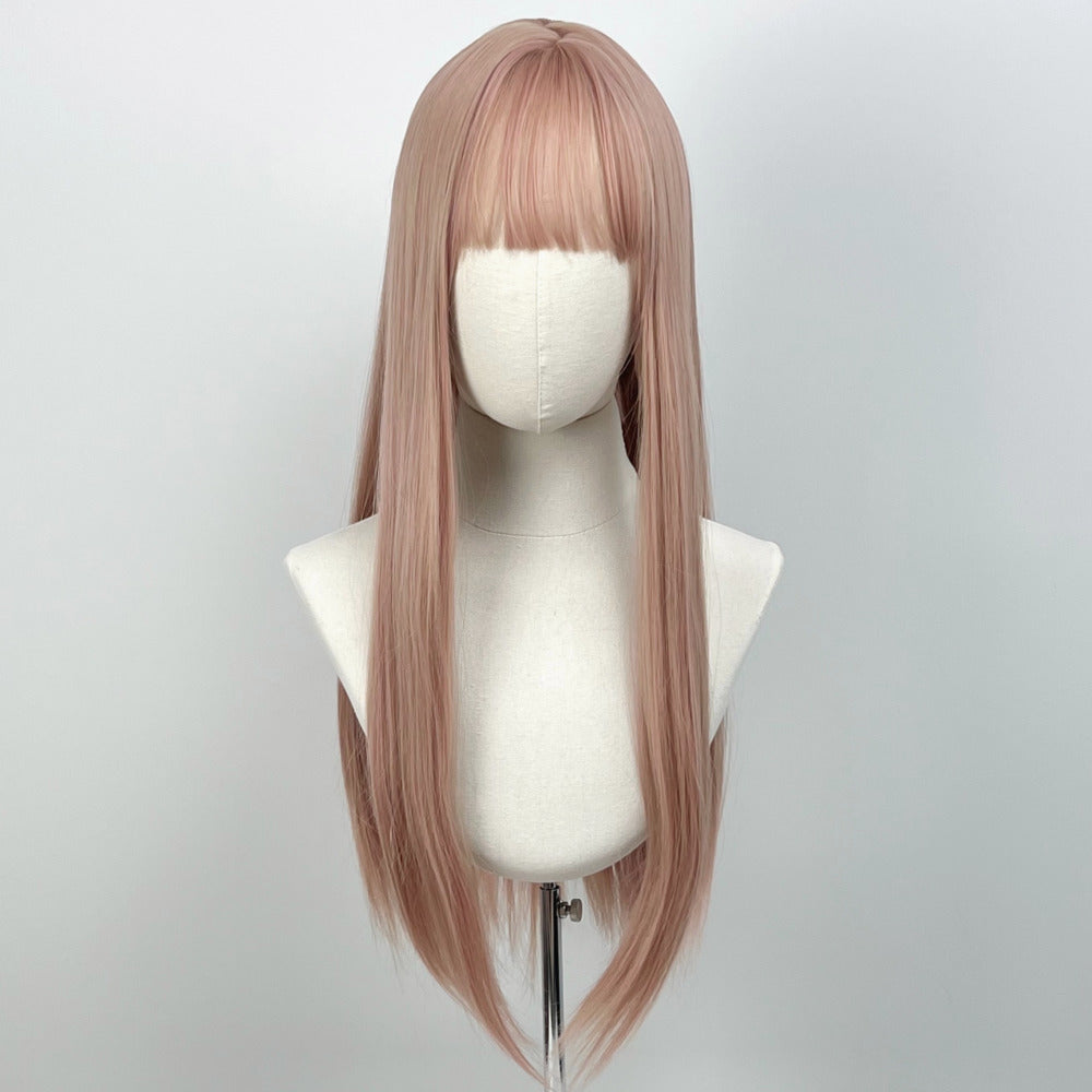 Pion Pink Blonde Bangs Long Straight Hair Wide Wig Rose Gold