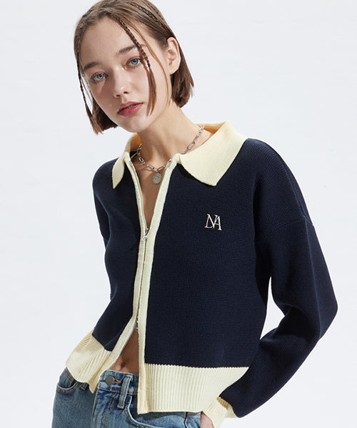 NOI569 Contrast Collar Knit Zip-Up (Navy)