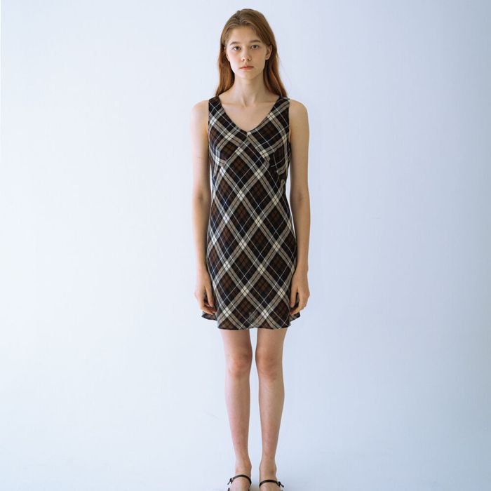 V-neck sleeveless mini Dress_Check Brown