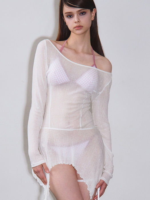 Boat neck ruffle princess cover-up (White)