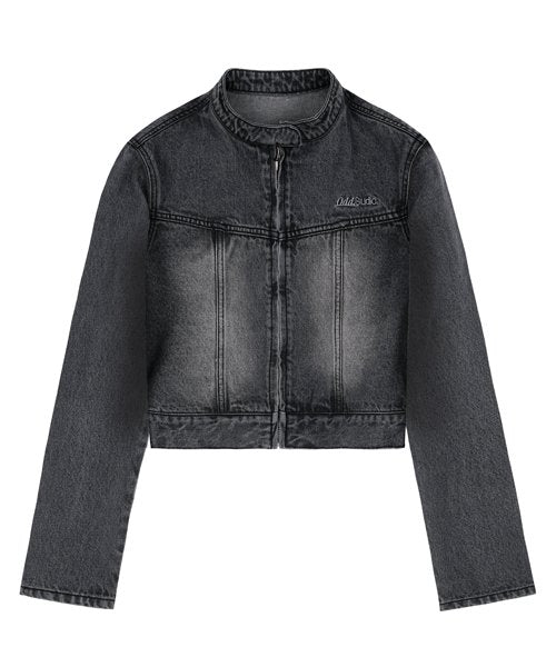 Sand Washing Biker Denim Crop Jacket - BLACK