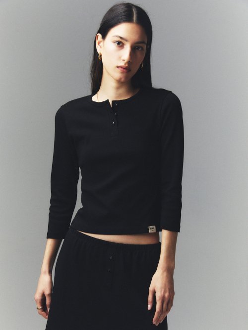 GLOWNY 3/4 BUTTON FLY TEE (BLACK) - Size & Reviews | MUSINSA