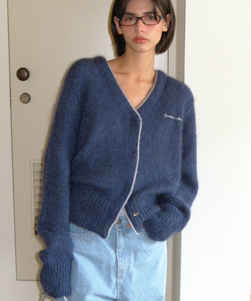 SOMEWHEREBUTTER Kid mohair cardigan - vintage blue - size & reviews | MUSINSA