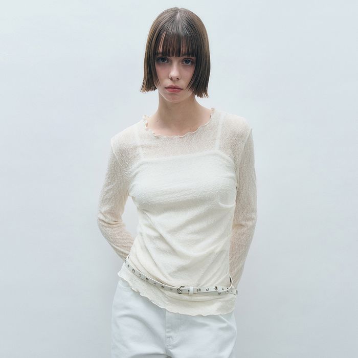 Side Shirring Lace Long Sleeve Cream MDTS061LACECREAM