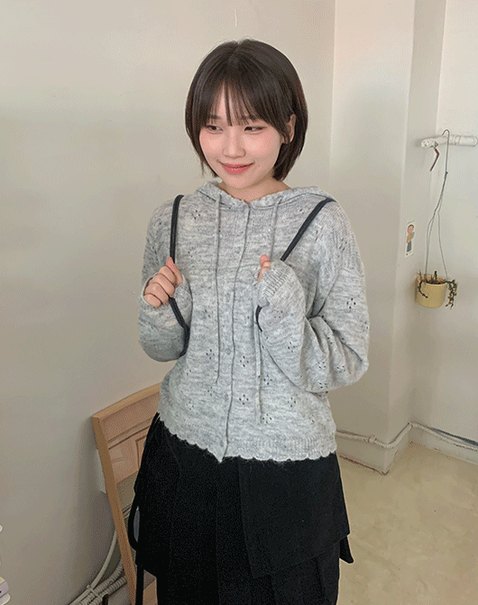 Baon Ponytail Punching Hooded Wool Knit Cardigan (3 colors)