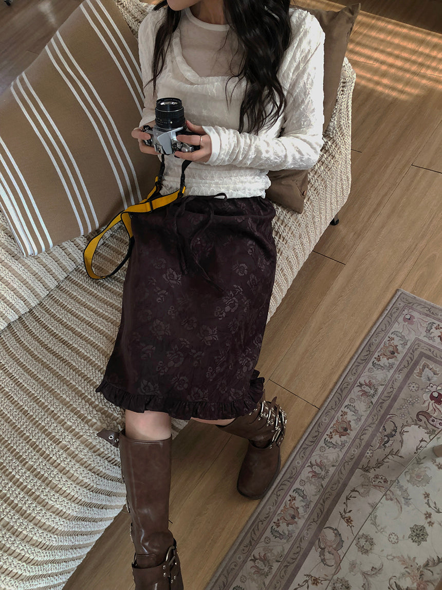 J.Urban's Flash Jacquard Flower Frill Midi Skirt 2col