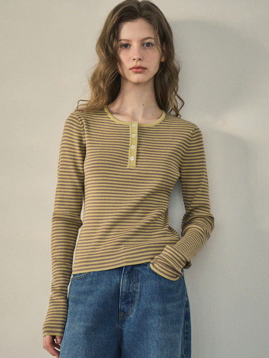 Chewy ribbed button stripe knit_Olive green(OC25-KN02)