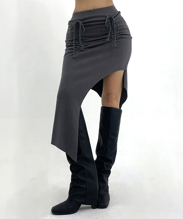 Morace Pad Unbalanced Shirring Slim Sexy Banding Slit Midi Long Skirt (Black, Charcoal)