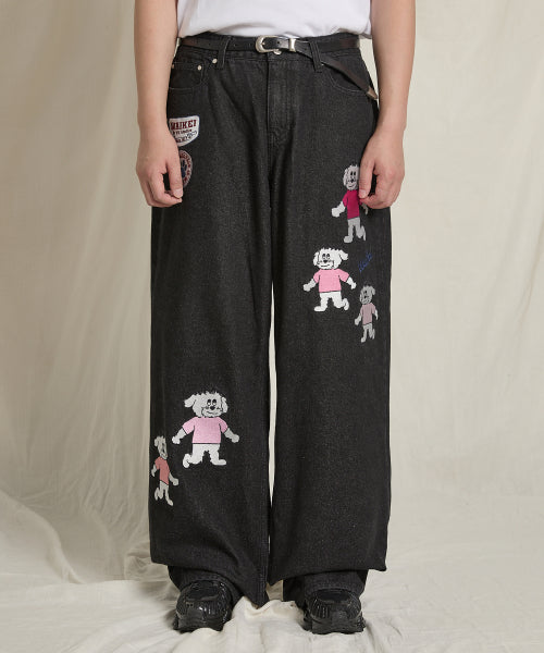 Maltese Multi Embroidered Denim Pants Black