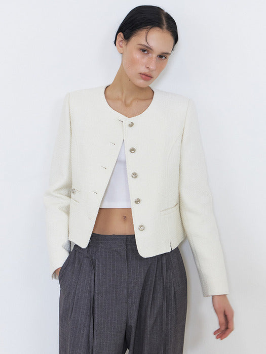 Slit Stitch Tweed Jacket, Ivory