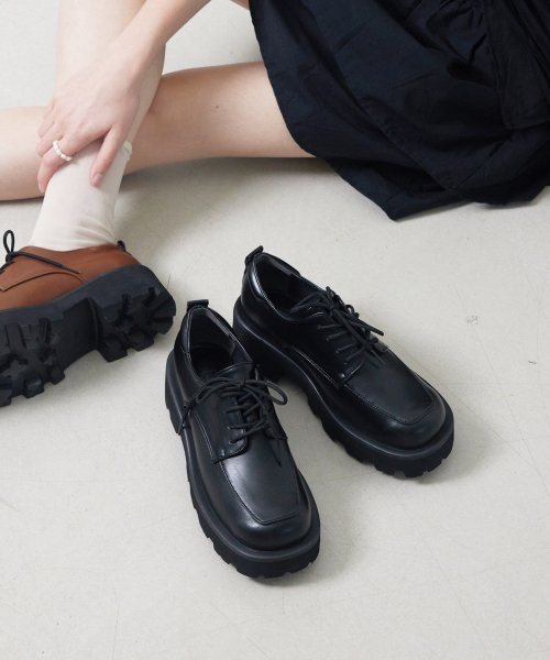 Square Derby High Platform Loafers (BLACK)