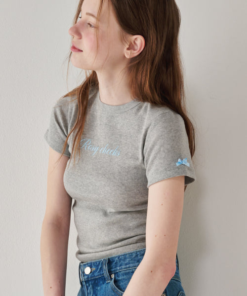 RONRON ROSE RIBBON POINT SLIM CROP T SHIRT MELANGE GREY - Size & Reviews | MUSINSA