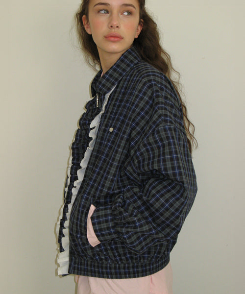 RONRON VINTAGE RUFFLE BLOUSON GREEN CHECK - SIZE & LATE | MUSINSA