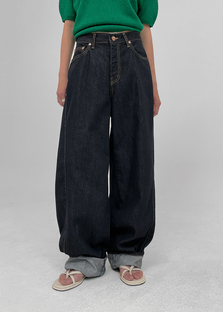 Black Up Digic Nonfade Green Paper Balloon Denim Pants