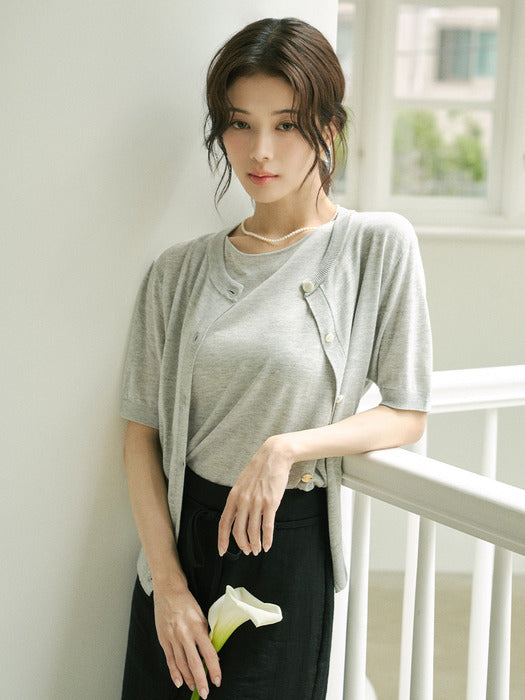 SIKN2115 See-Through Short-Sleeved Knit Cardigan_Light Gray