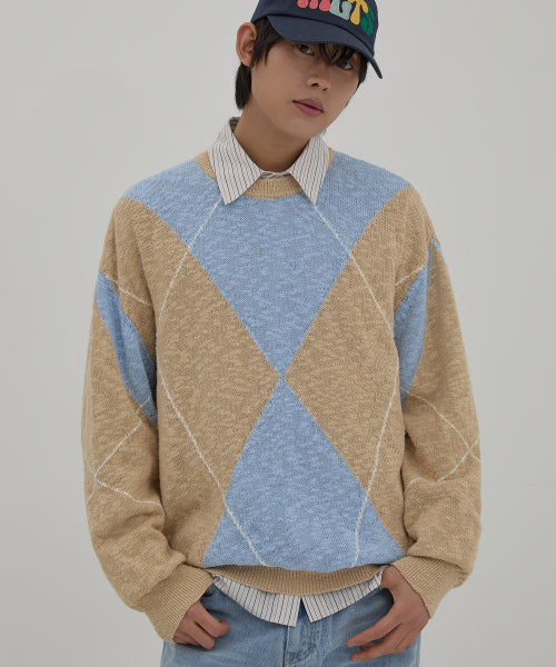 WAIKEI Big Argyle Bookle Knit Sky Blue - Size & Review | Musinsa