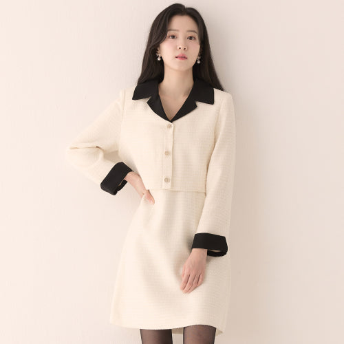 Color-contrasting Collar Tweed 2-in-1 Dress (2 colors)_RMOWE11R13