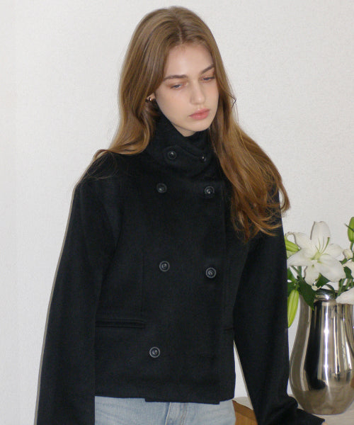 River High Neck Double Button Wool Jacket (Black)