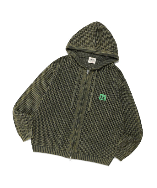 VAMOS LABEL MESHED HOODIE KNIT ZIP-UP PG KHAKI