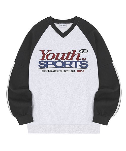 Youth Sports Track V-Neck Raglan Oversized Sweatshirt - White Melange/Charcoal