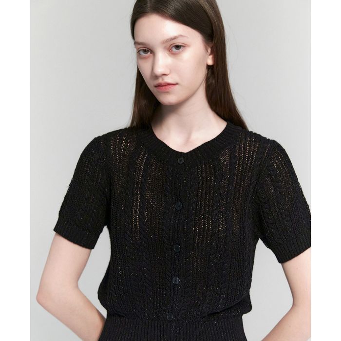 Cable Metal Thread Punching Short-Sleeved Cardigan Black MDCD013BLACK