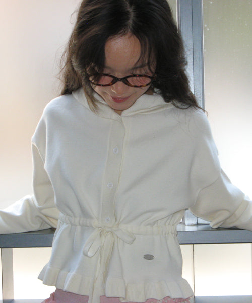 HOODED SHIRRING STRING KNIT CARDIGAN IVORY