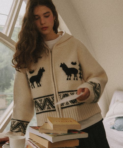 RONRON ALPACA JACQUARD HOOD ZIP-UP KNIT CREAM - Size & Reviews | MUSINSA