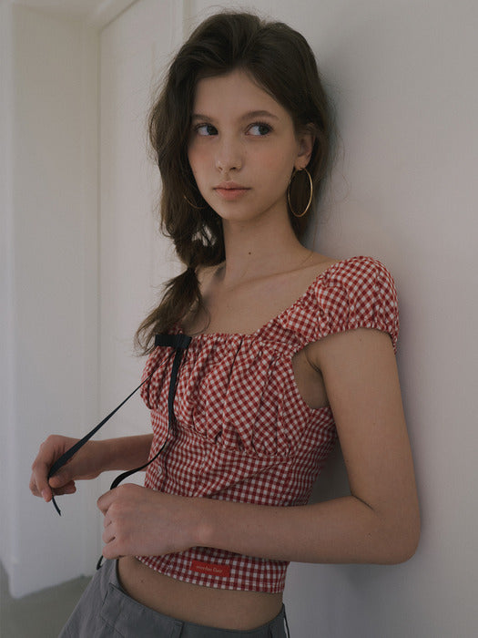 RIBBON HEART NECK VOLUME BLOUSE_RED CHECK