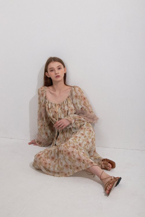 Yellow Floral Oversized Ruffle Chiffon Maxi Dress