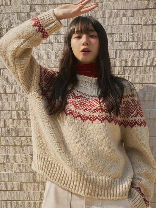 SIKN2103 Loose Fit Alpaca Nordic Sweater_Red