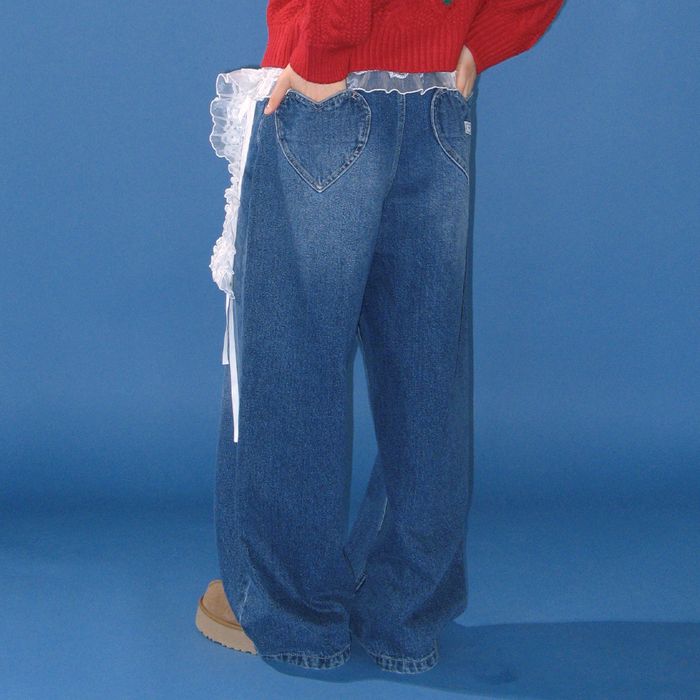 BACK HEART STITCH POCKET DENIM PANTS MEDIUM BLUE