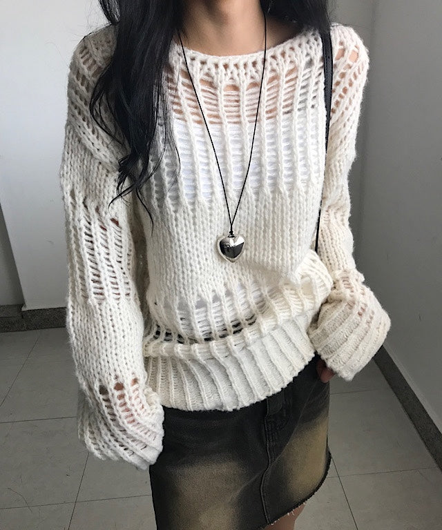 Colored Negri Boat Neck Loose Fit Mesh Knitwear (3 colors)