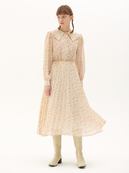 Floral Chiffon Pleated Dress_Ivory