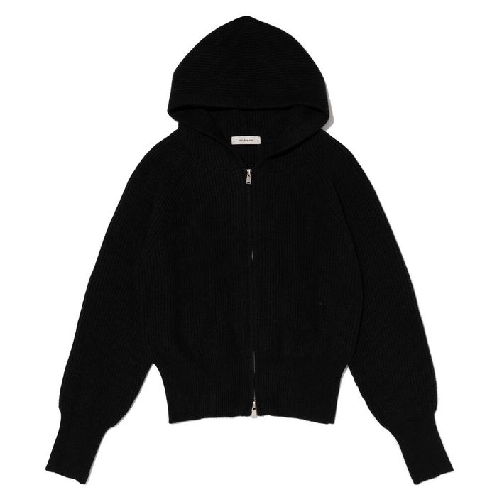 Two-way V-neck Cardigan Hooded Zip-Up Knitwear (Black)