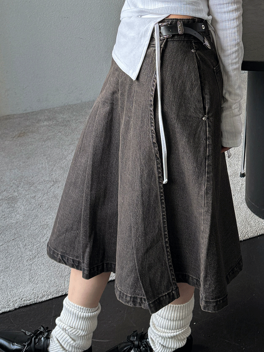 multipurpose western buckle pleats wrap denim midi skirt 2 colors