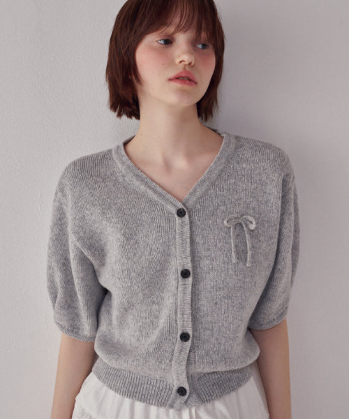 RIBBON V NECK BUTTON SHORT SLEEVE KNIT CARDIGAN LIGHT GREY