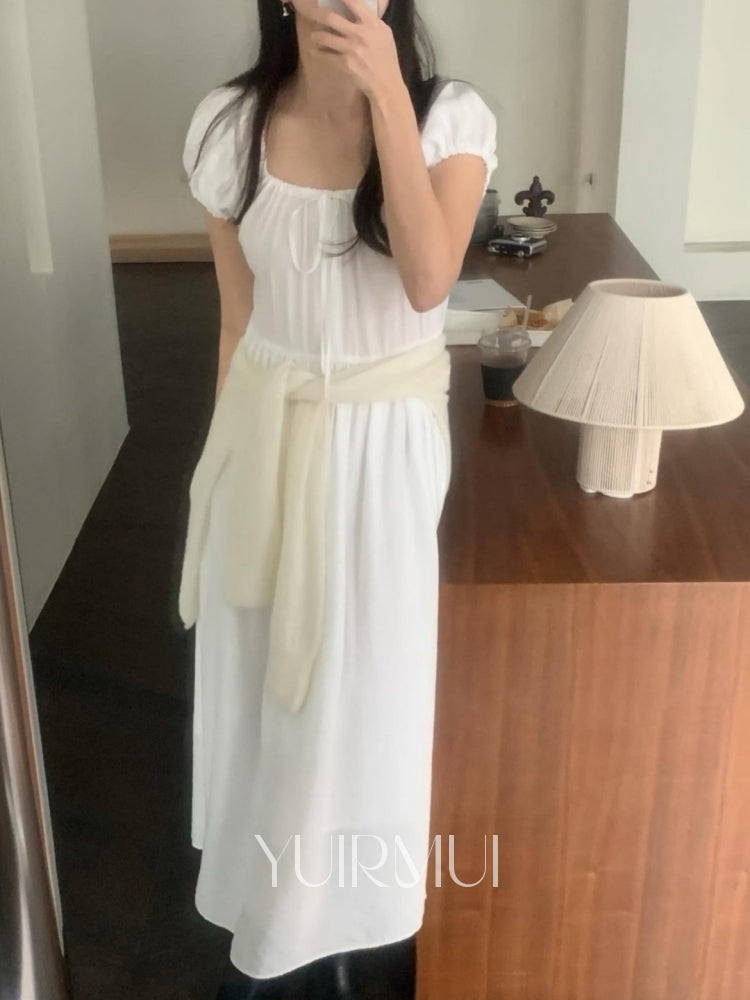 Euirmoy verveine verbine ribbon shirring square short-sleeved long dress 1 color