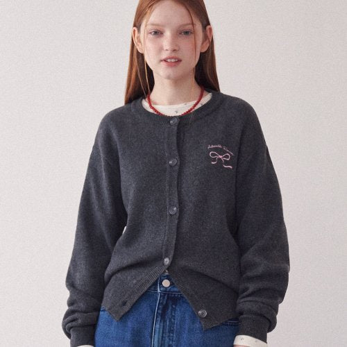 Heart Ribbon Jacquard Knit Cardigan Charcoal