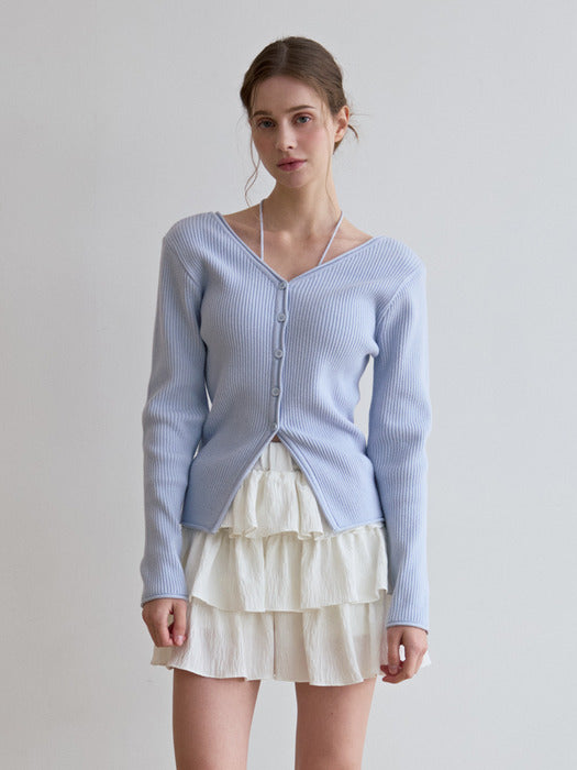 neck ribbon two-way cardigan-skyblue