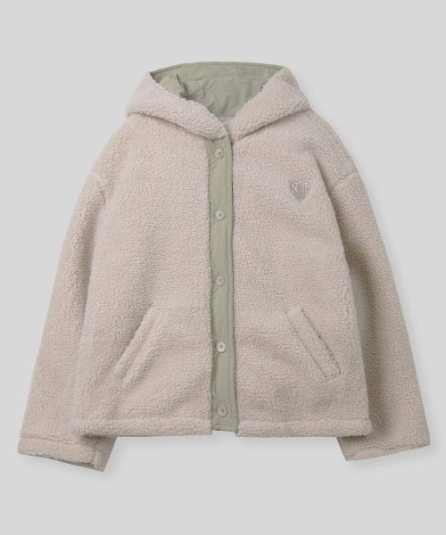 Wool Oversized Color-Block Embroidered Fleece Hooded Midi Jacket Jumper [Beige]