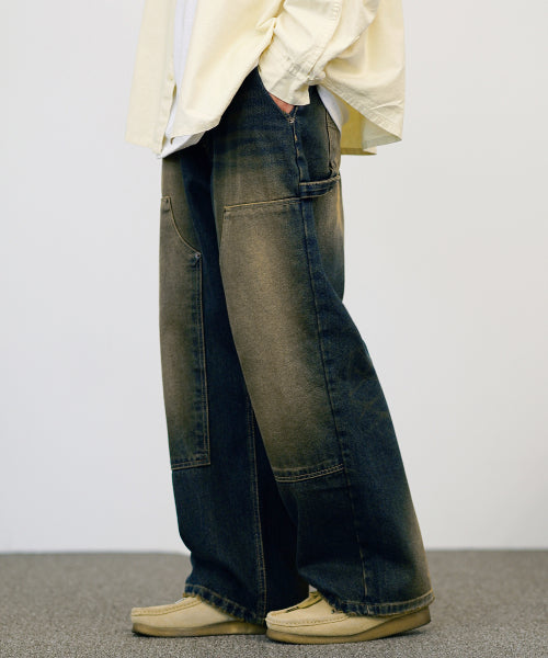 Yellow washing double-knee denim pants indigo SOLP2588