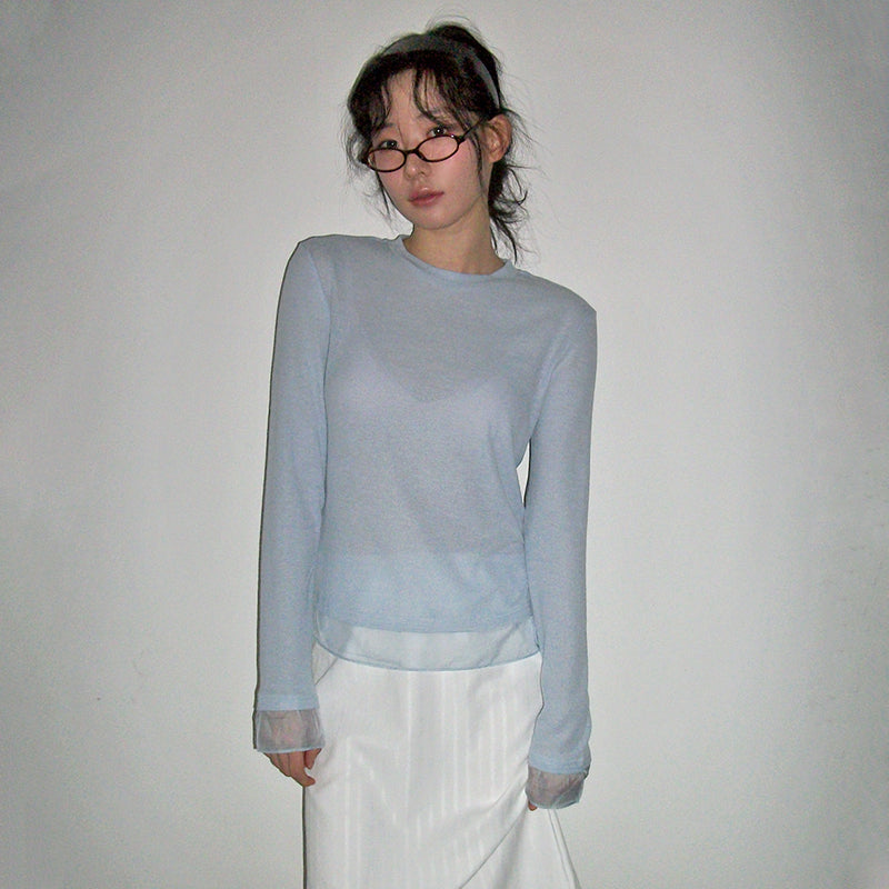 Prom Bigginning Had Ribbon Layered T-shirt (4 colors) Basic T-shirt Long-sleeved Shirt Layered T-shirt Long-Sleeved See-Through Layered T-Shirt Layered Spring Clothes Vintage Guest Look