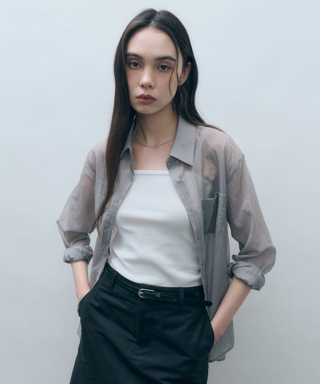 Mongdol Glow See-Through Shirt Light Gray MDSH014LGRAY