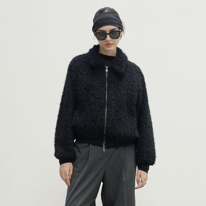 Shaggy Fake Fur Bomber Jacket Black