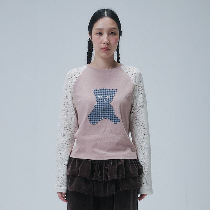 PATCHWORK LACE RAGLAN TOP, PINK