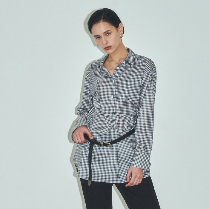Sheer Gingham Check Shirt Dress_CTOP708(Black)