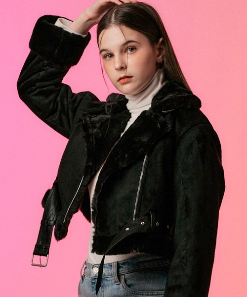 KOLEAT [Detachable Belt] Crop Mink Suede Mustang Fleece Jacket All_Black [Rider Shearling ver.] - Size & Reviews | MUSINSA
