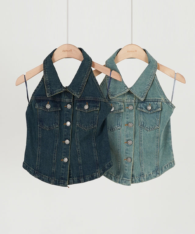 VANCEL [Inkigay sleeveless/2 color] Summer denim sleeveless Cara denim back corset halter sleeveless festival Denim sleeveless top Denim cropped top Y2K denim cropped top Unique halter neck halter sleeveless soaking show
