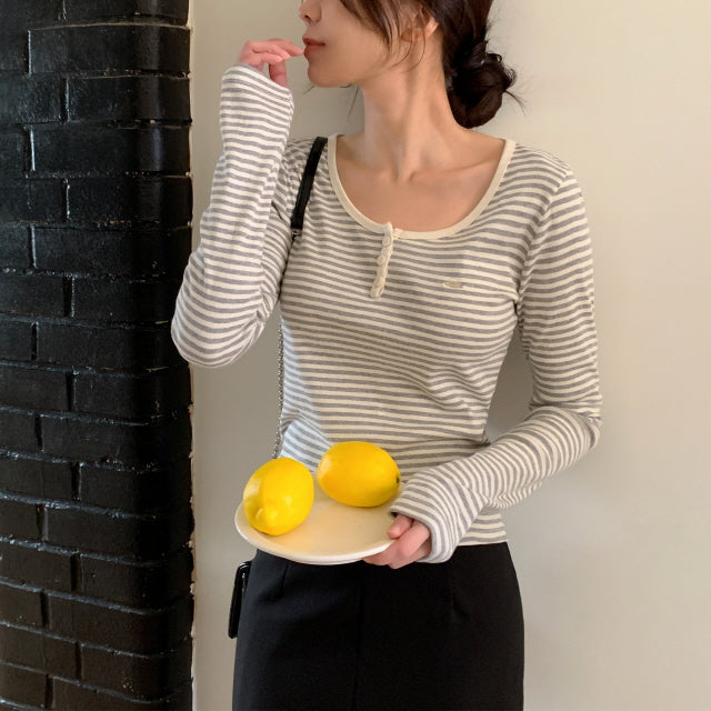 JOY JOY [MOMENT JOY/Domestic Production/Cuangku💕] Tez Round Henley Neck Button Cotton Stripe Spring Dangara Long Sleeve T-shirt
